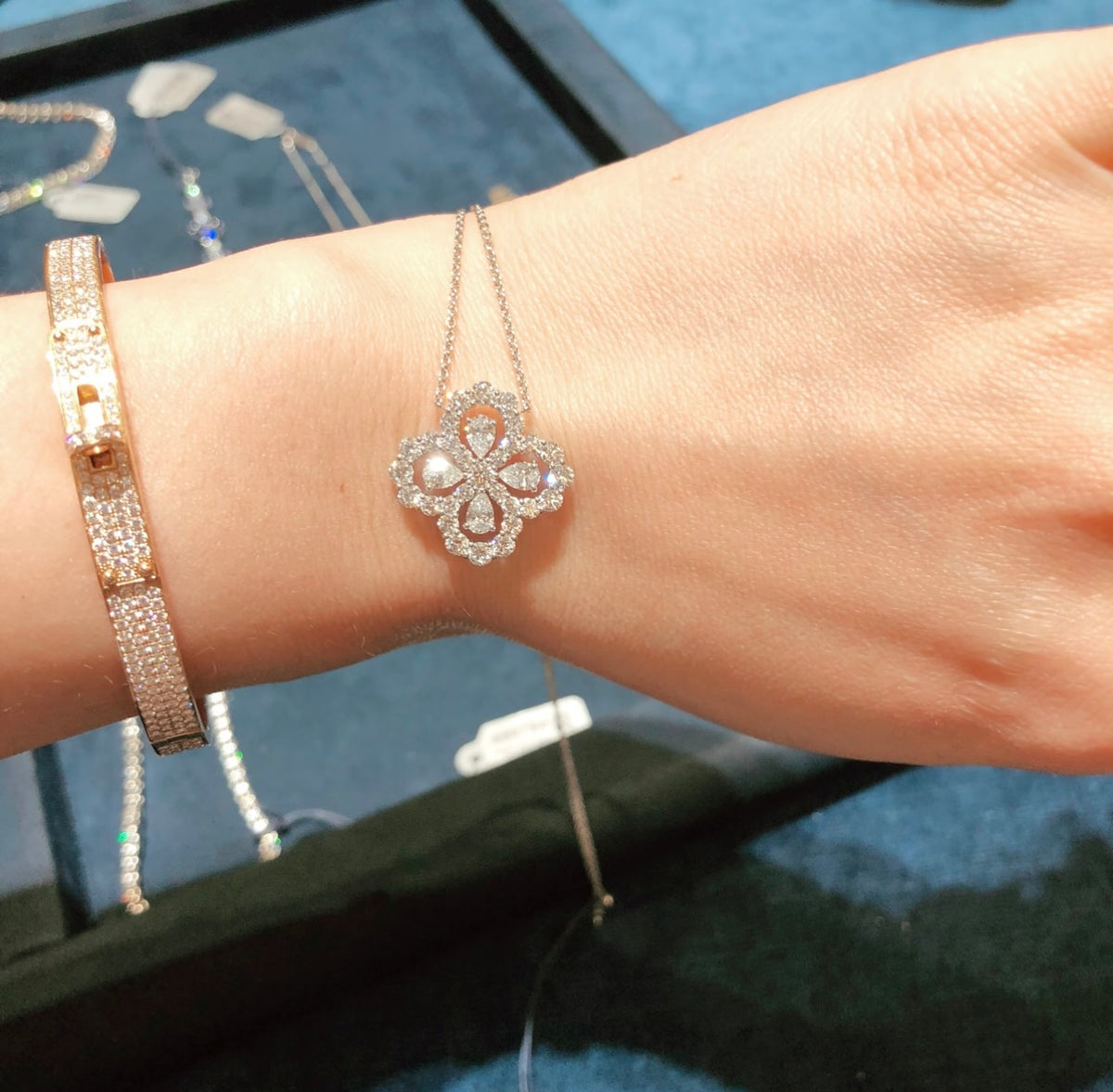 Geometric Emblem Bangle in Rose-Gold-Tone – Rose Gold Detail – Design 003 styled product view