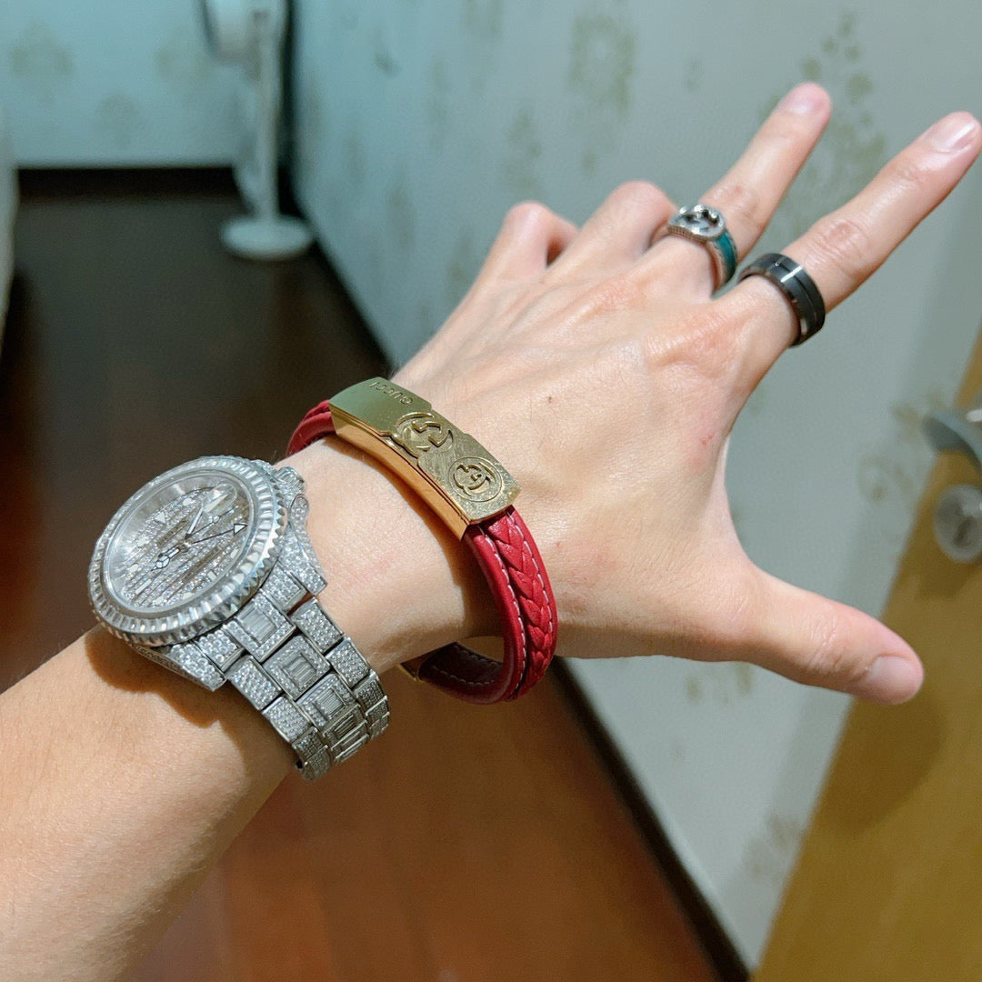 Double-G Emblem Bangle in Polished Metal-Tone – Leather Detail – Design 002 main product view