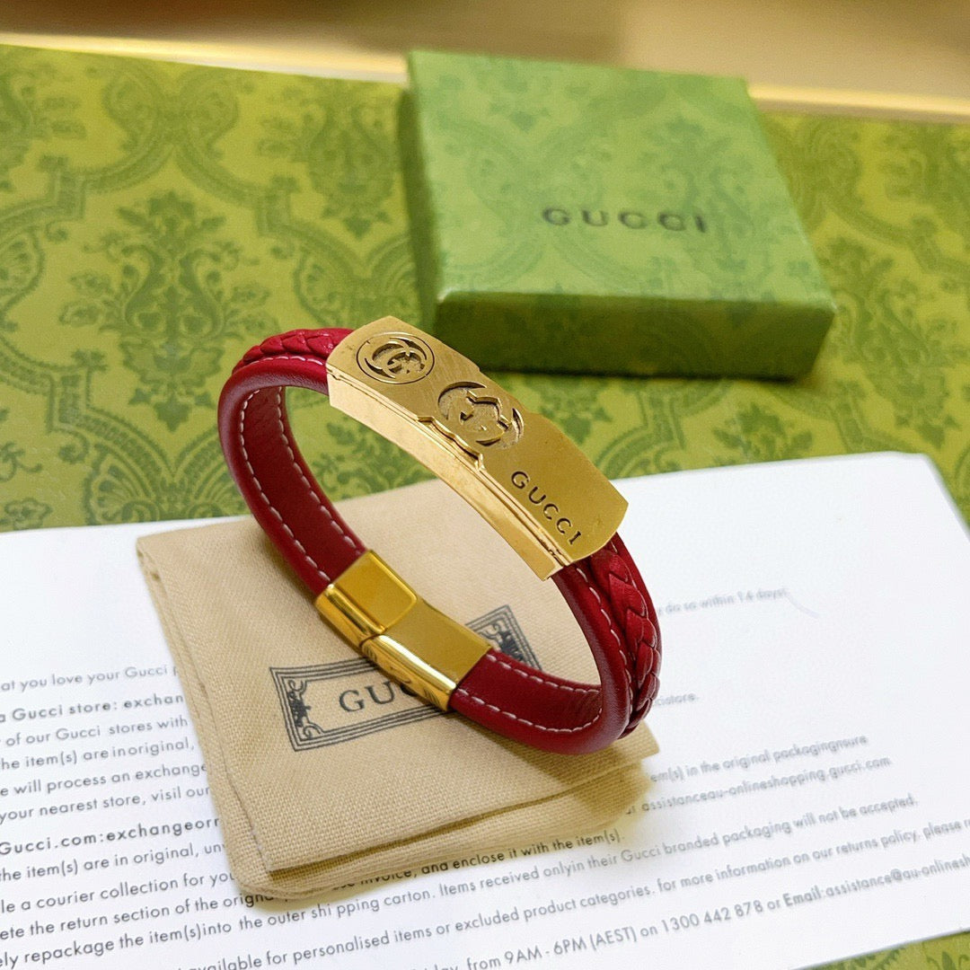 Double-G Emblem Bangle in Polished Metal-Tone – Leather Detail – Design 002 main product view