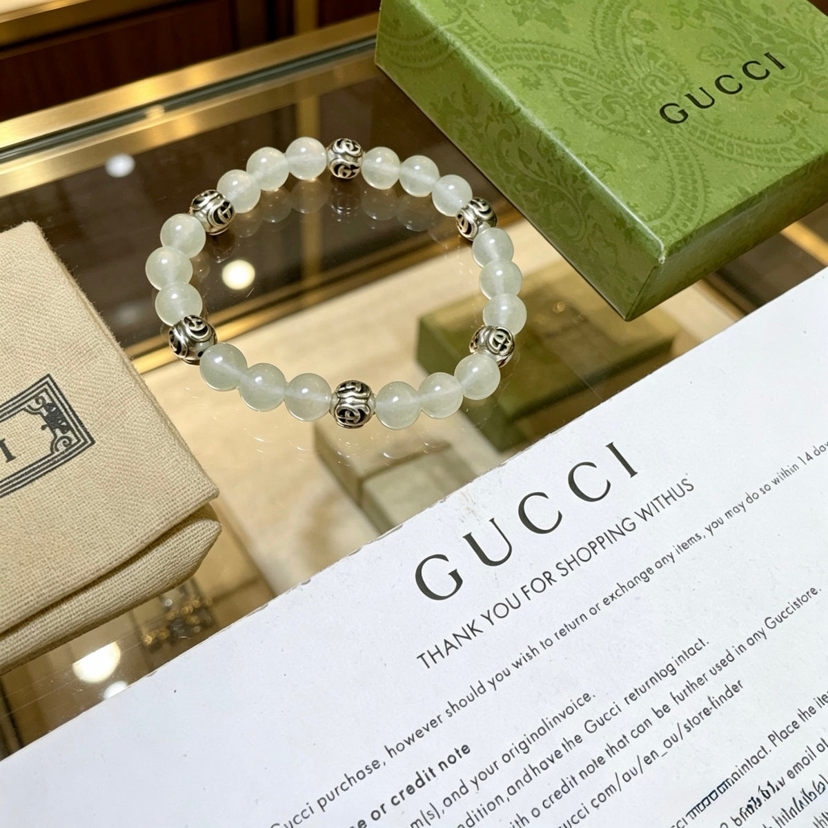 Double-G Emblem Beaded Bracelet in Polished Metal-Tone – Crystal Detail – Design 018 front product view