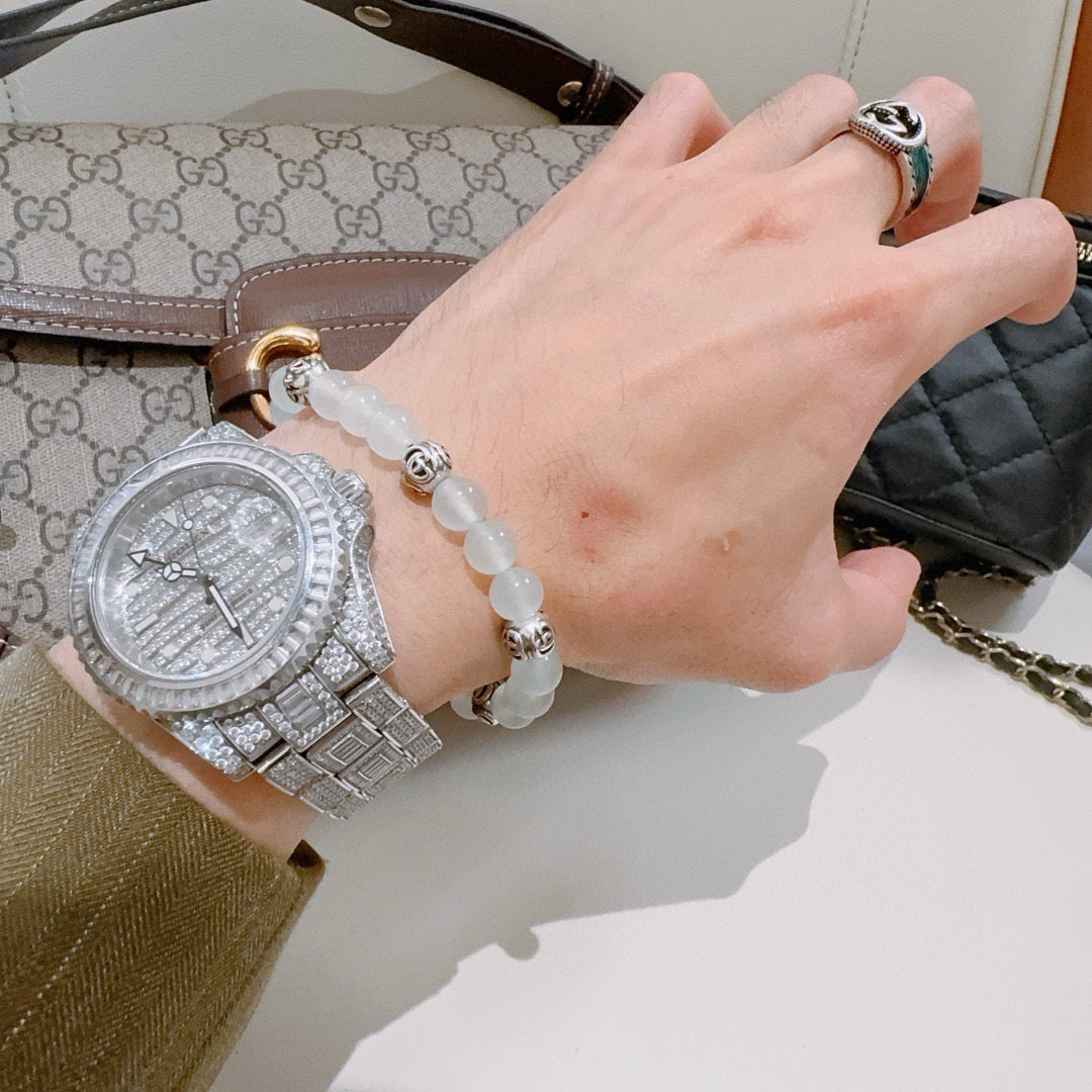 Double-G Emblem Beaded Bracelet in Polished Metal-Tone – Crystal Detail – Design 018 detail view