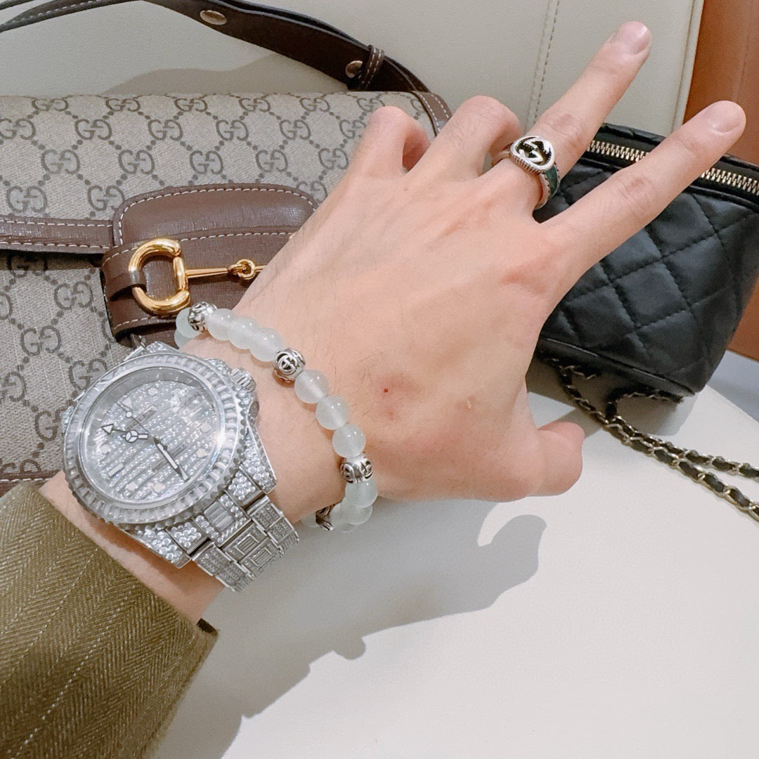 Double-G Emblem Beaded Bracelet in Polished Metal-Tone – Crystal Detail – Design 018 styled product view