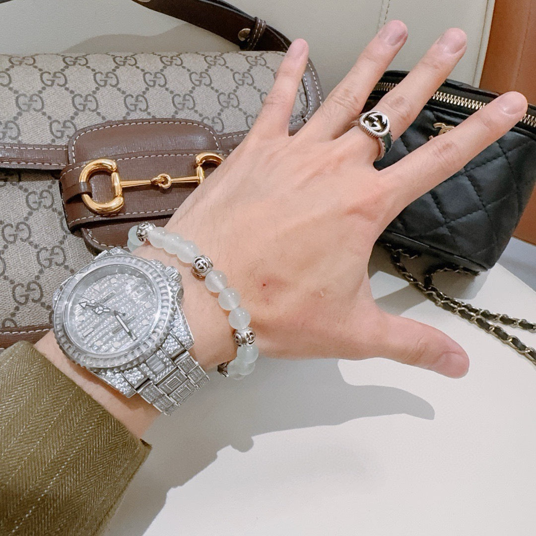 Double-G Emblem Beaded Bracelet in Polished Metal-Tone – Crystal Detail – Design 018 detail view