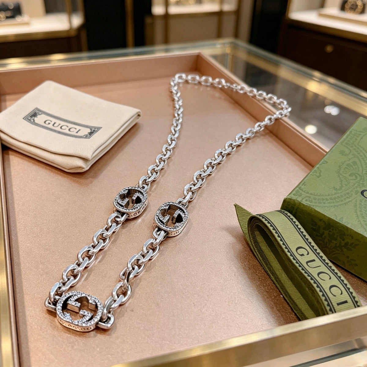 Double-G Emblem Pendant Necklace in Polished Metal-Tone – Design 223 front product view