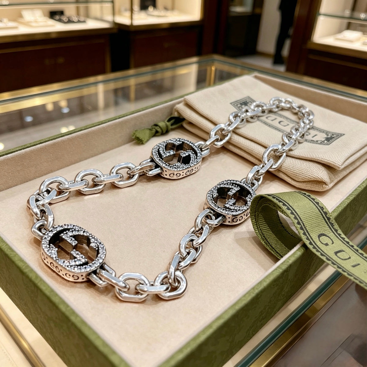 Double-G Emblem Pendant Necklace in Polished Metal-Tone – Design 241 styled product view