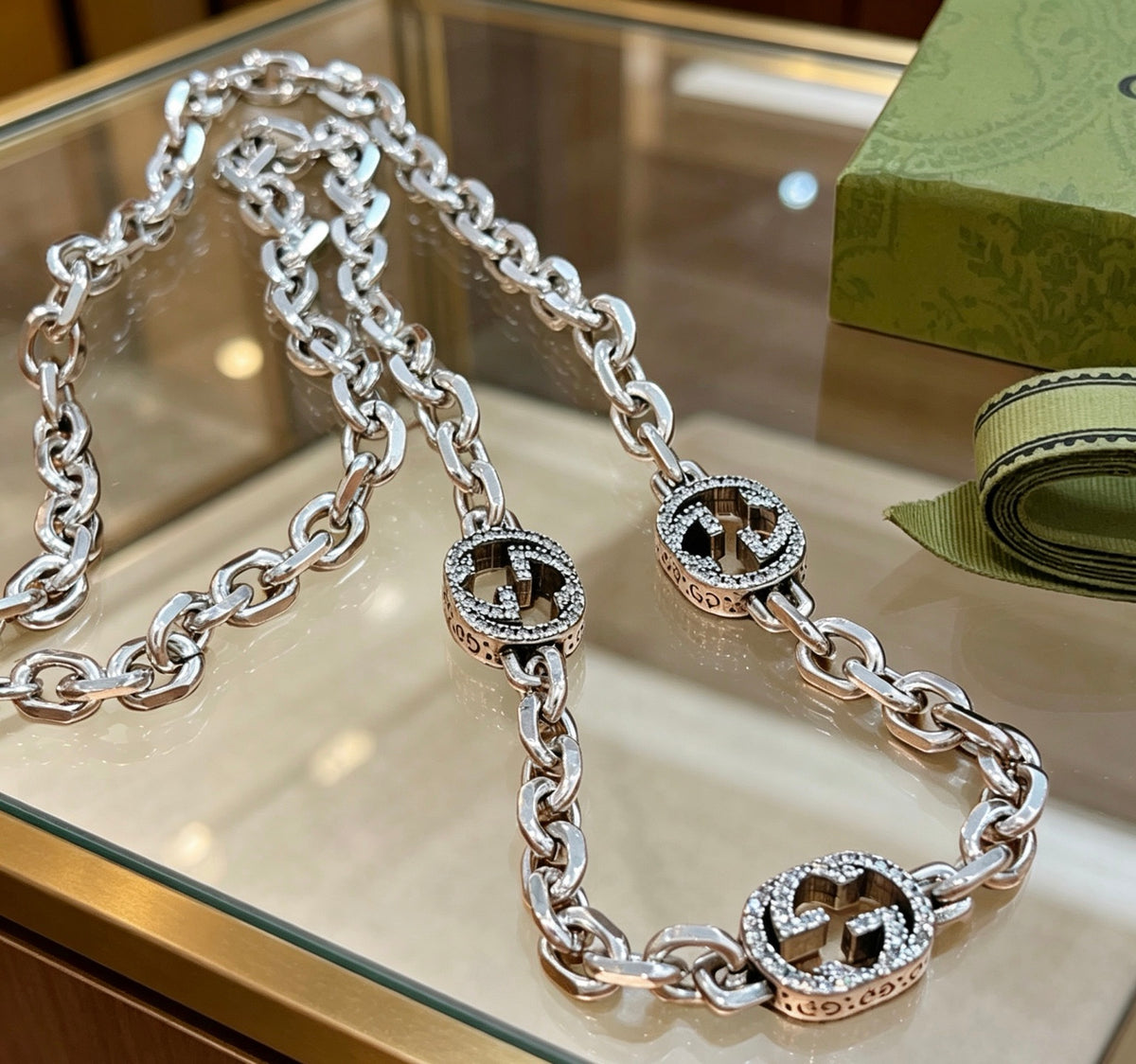 Double-G Emblem Pendant Necklace in Polished Metal-Tone – Design 223 front product view