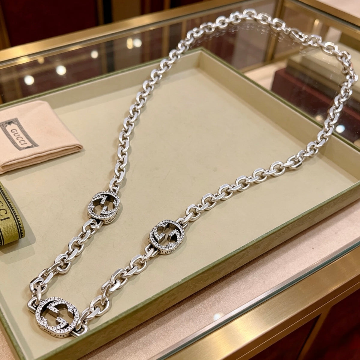 Double-G Emblem Pendant Necklace in Polished Metal-Tone – Design 223 close-up detail