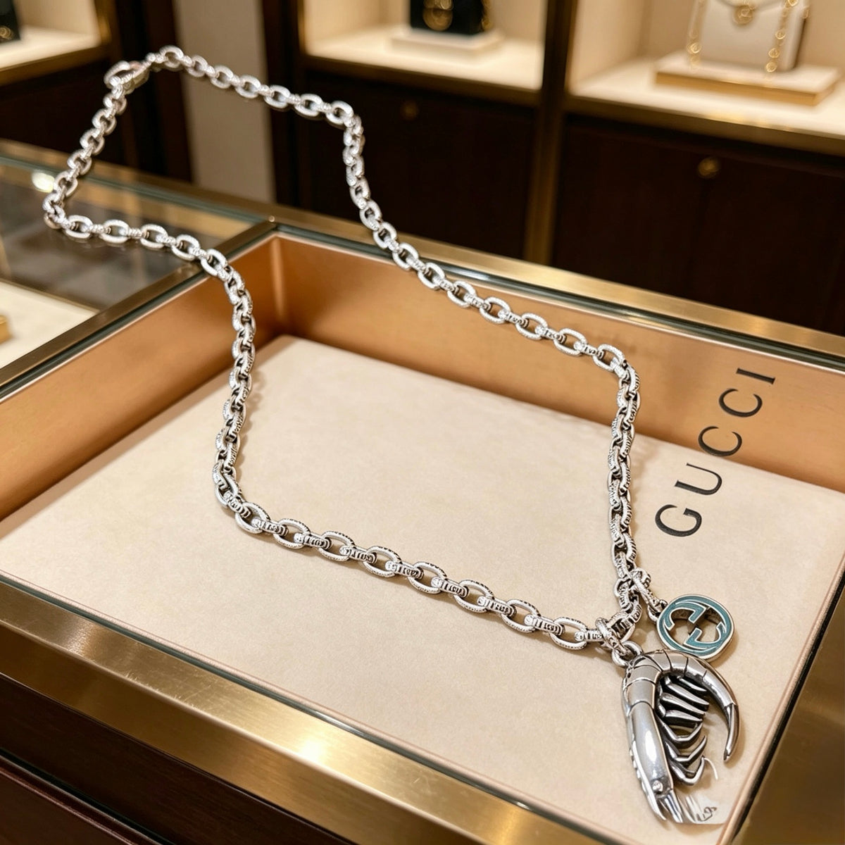 Double-G Emblem Pendant Necklace in Polished Metal-Tone – Vintage Detail – Design 068 front product view