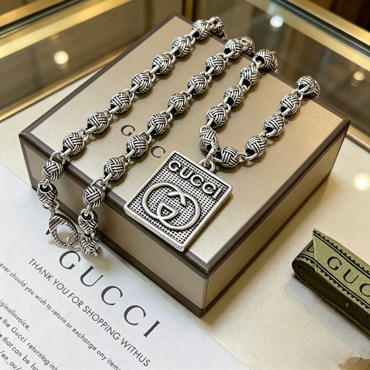 Double-G Emblem Pendant Necklace in Polished Metal-Tone – Design 220 main product view