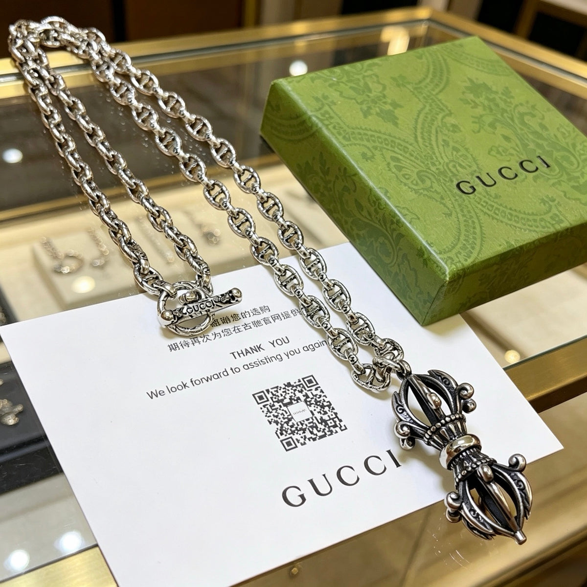 Double-G Emblem Pendant Necklace in Polished Metal-Tone – Vintage Detail – Design 067 front product view