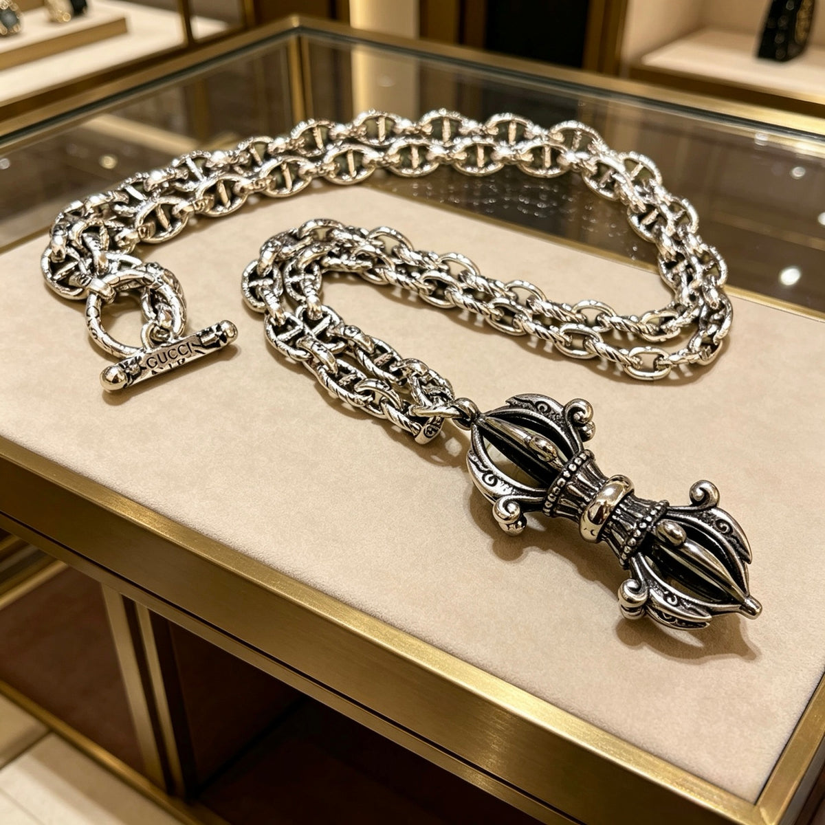 Double-G Emblem Pendant Necklace in Polished Metal-Tone – Vintage Detail – Design 067 main product view