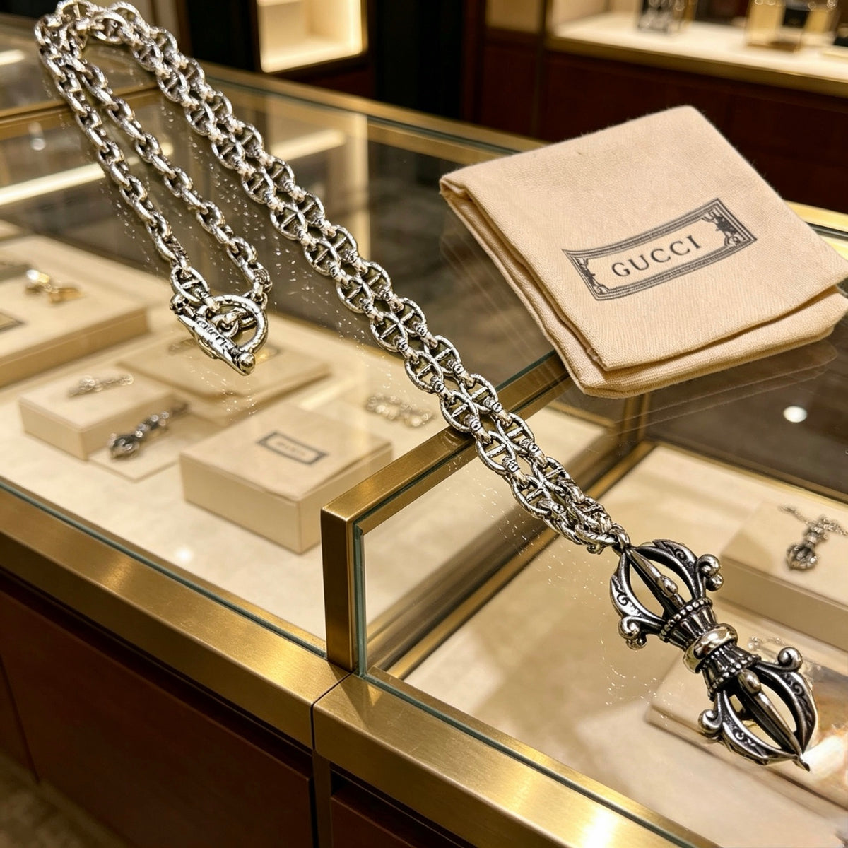 Double-G Emblem Pendant Necklace in Polished Metal-Tone – Vintage Detail – Design 067 front product view