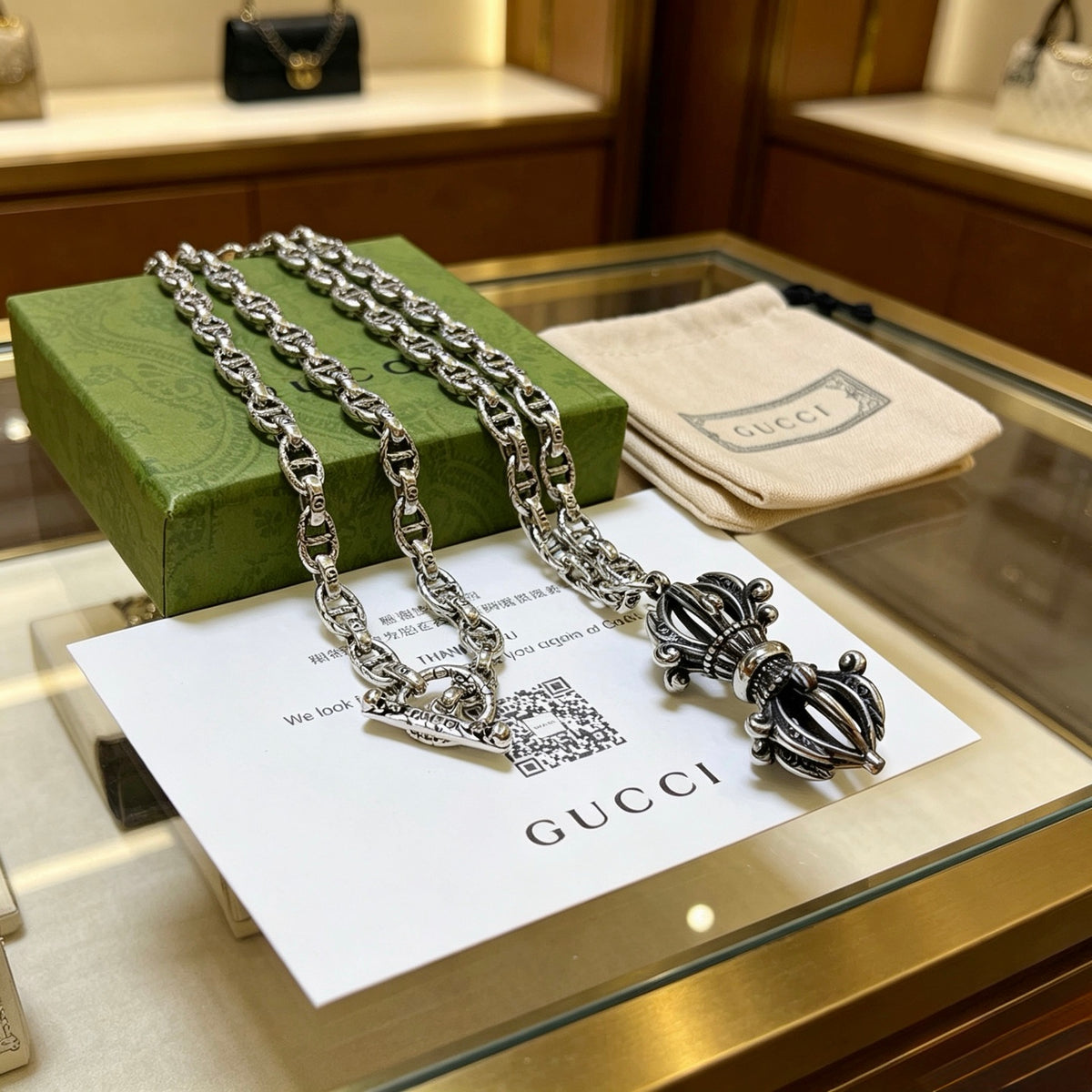 Double-G Emblem Pendant Necklace in Polished Metal-Tone – Vintage Detail – Design 067 styled product view