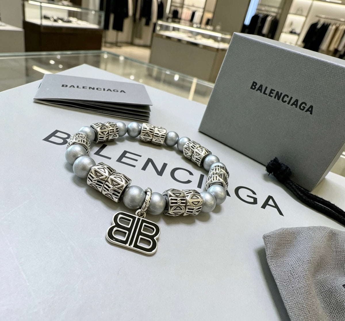 Geometric Emblem Bracelet in Polished Metal-Tone – Pearl Detail side detail