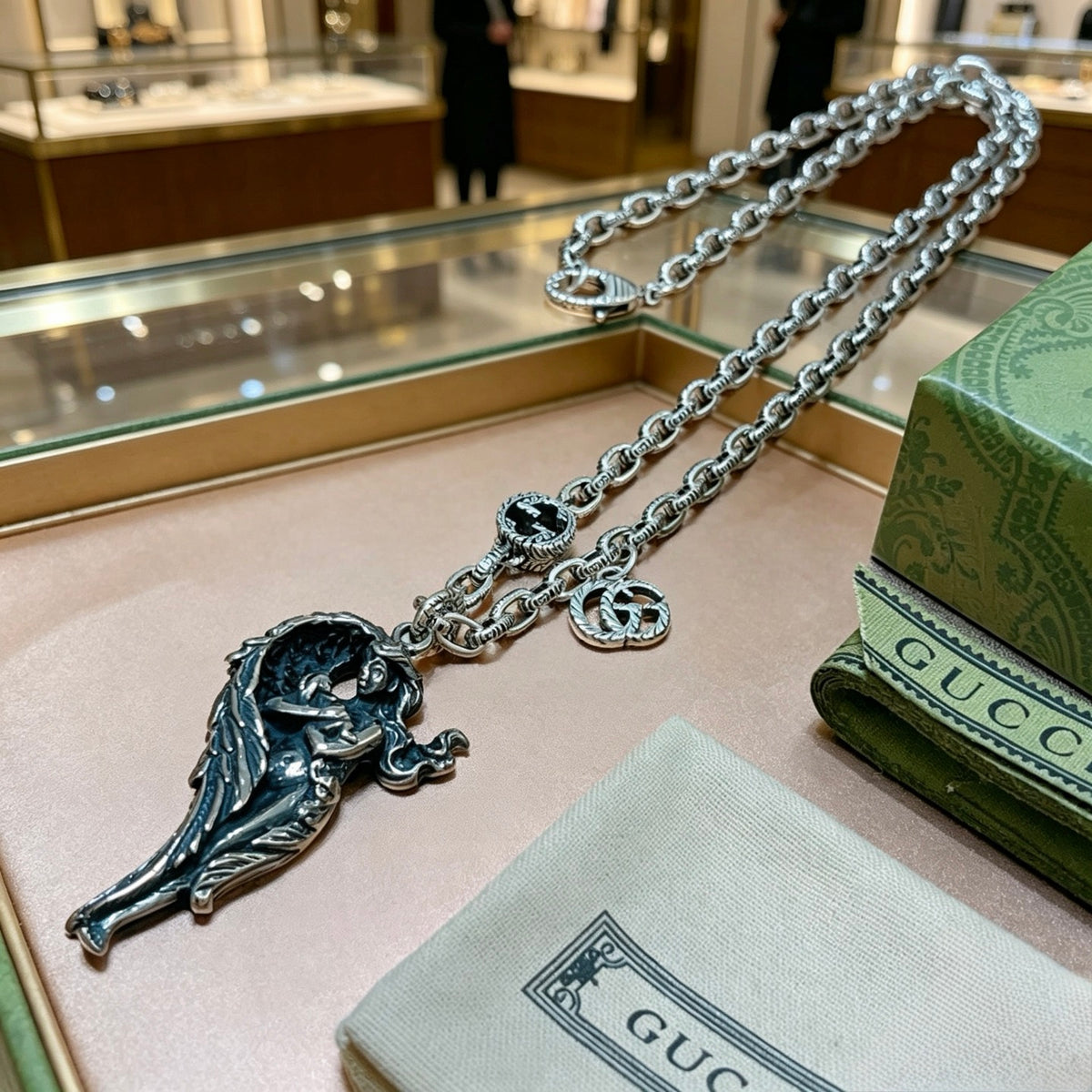 Double-G Emblem Pendant Necklace in Polished Metal-Tone – Vintage Detail – Design 066 front product view