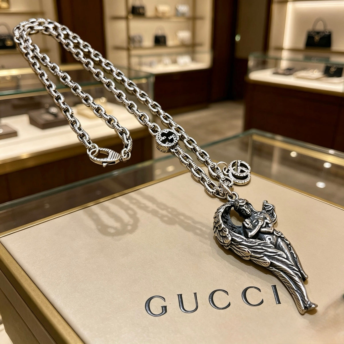 Double-G Emblem Pendant Necklace in Polished Metal-Tone – Vintage Detail – Design 072 front product view