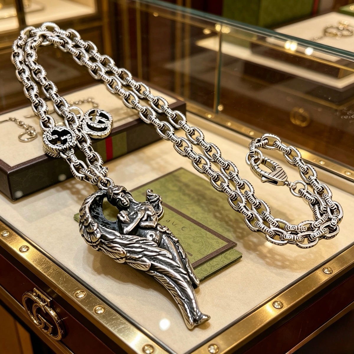 Double-G Emblem Pendant Necklace in Polished Metal-Tone – Vintage Detail – Design 066 main product view