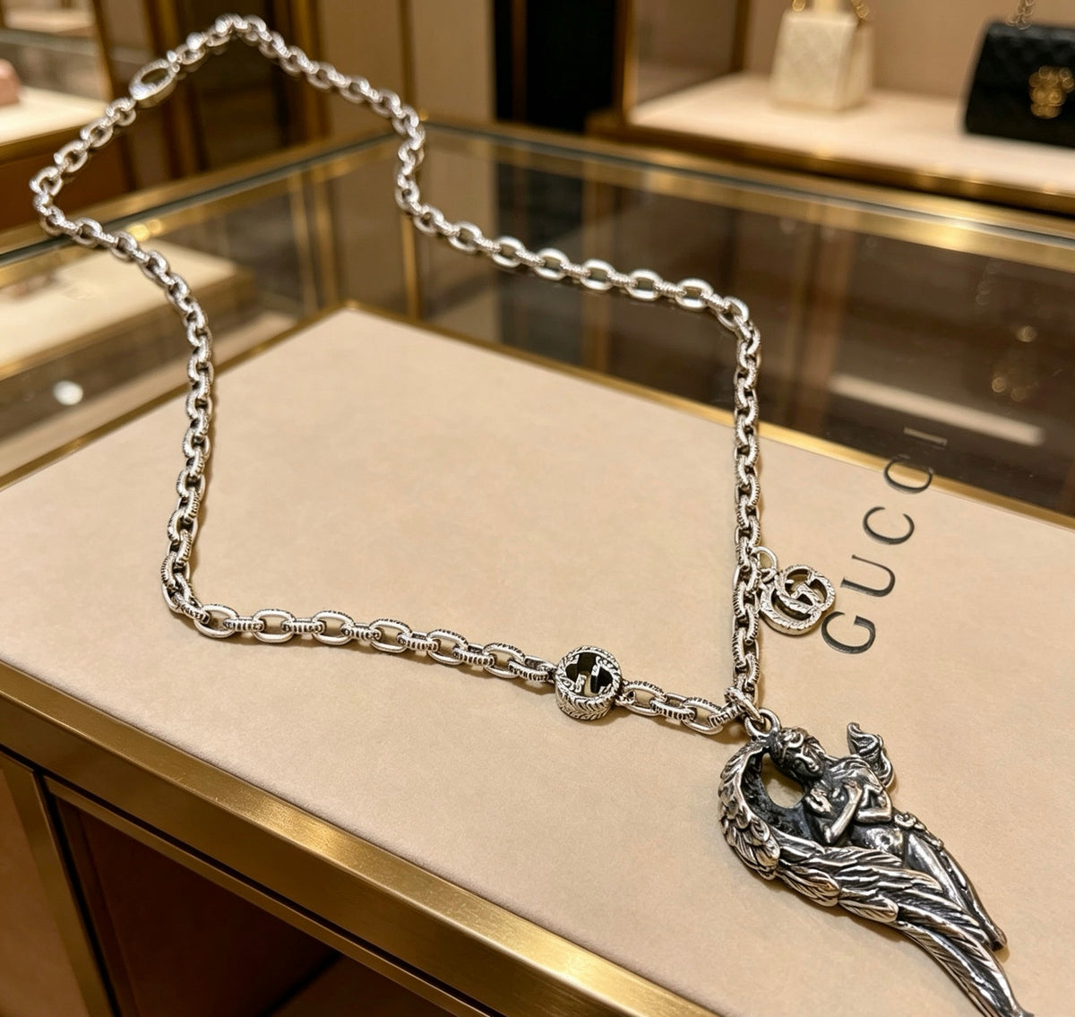 Double-G Emblem Pendant Necklace in Polished Metal-Tone – Vintage Detail – Design 072 main product view