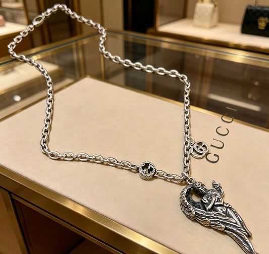 Double-G Emblem Pendant Necklace in Polished Metal-Tone – Vintage Detail – Design 072 main product view