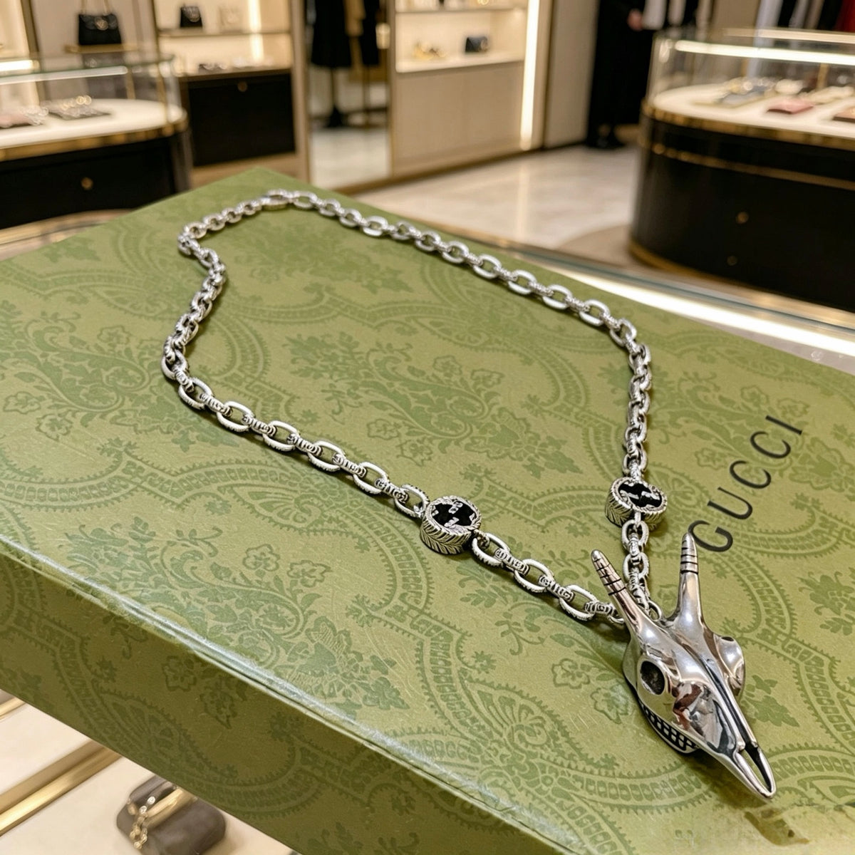 Double-G Emblem Pendant Necklace in Polished Metal-Tone – Vintage Detail – Design 065 styled product view