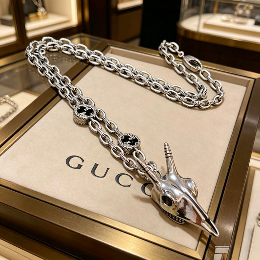 Double-G Emblem Pendant Necklace in Polished Metal-Tone – Vintage Detail – Design 065 main product view