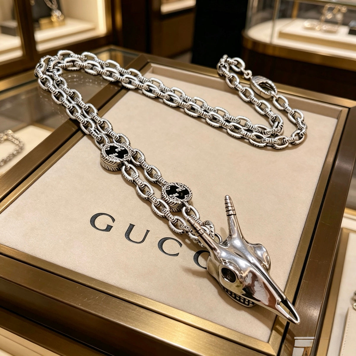 Double-G Emblem Pendant Necklace in Polished Metal-Tone – Vintage Detail – Design 071 main product view