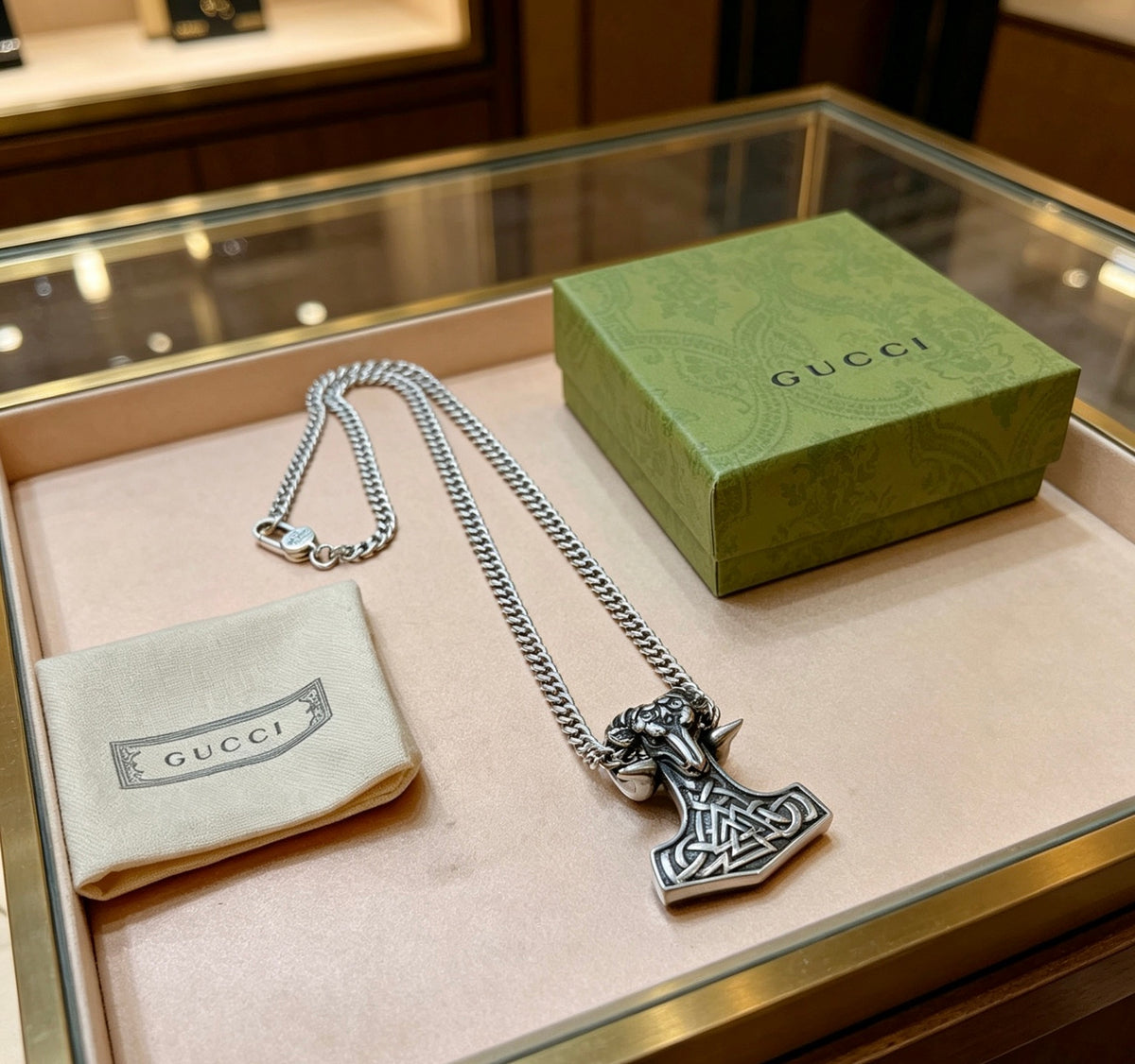 Double-G Emblem Pendant Necklace in Polished Metal-Tone – Vintage Detail – Design 064 side detail