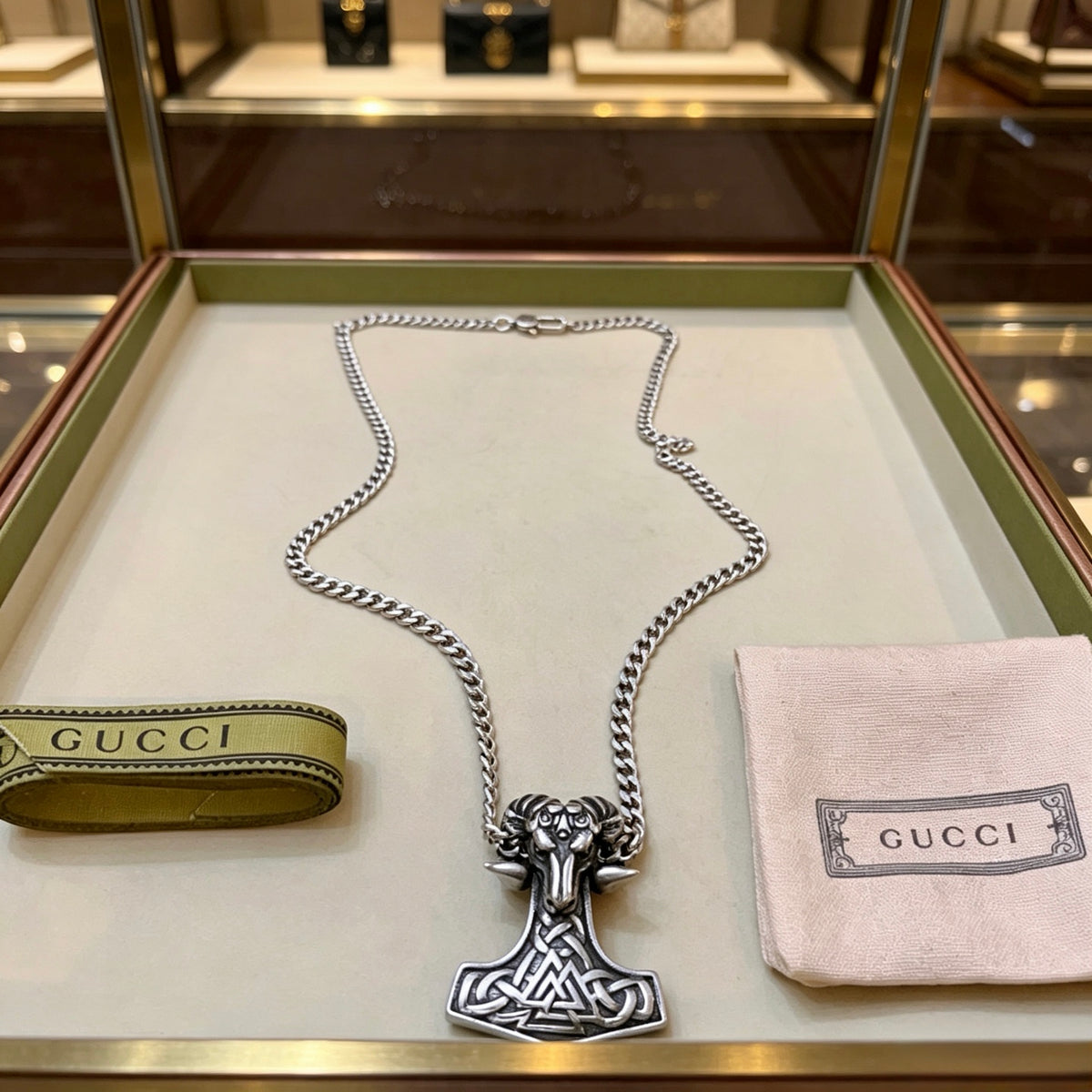 Double-G Emblem Pendant Necklace in Polished Metal-Tone – Vintage Detail – Design 064 styled product view