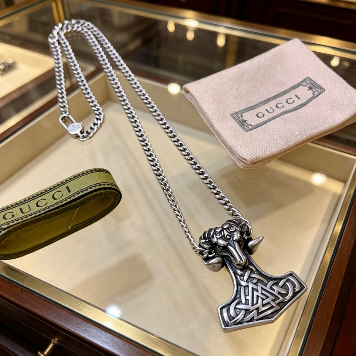 Double-G Emblem Pendant Necklace in Polished Metal-Tone – Vintage Detail – Design 070 front product view