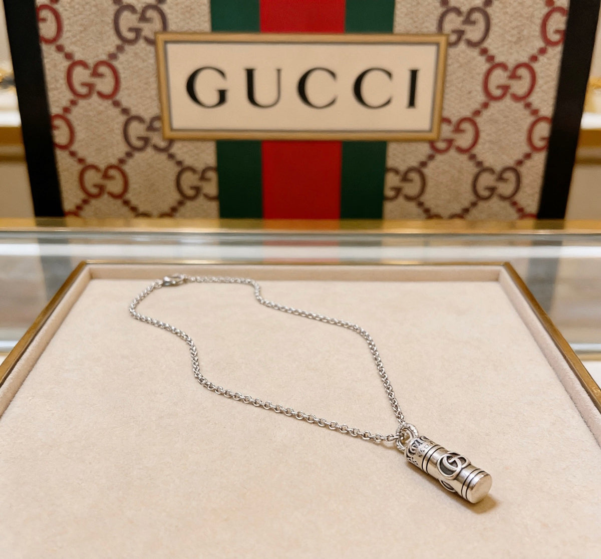 Double-G Emblem Pendant Necklace in Polished Metal-Tone – Design 215 front product view