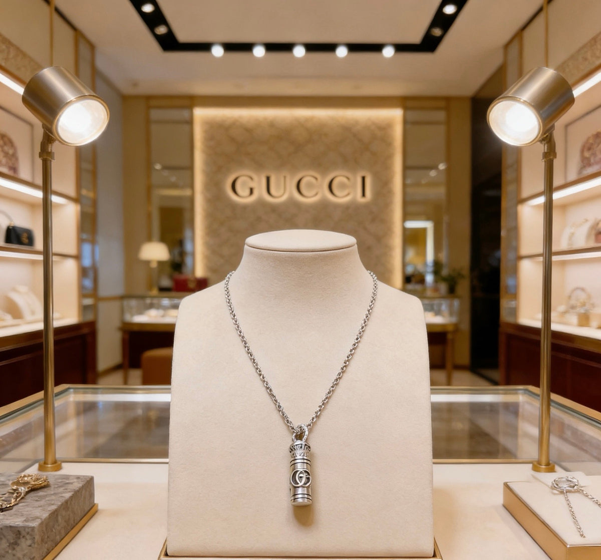 Double-G Emblem Pendant Necklace in Polished Metal-Tone – Design 233 main product view