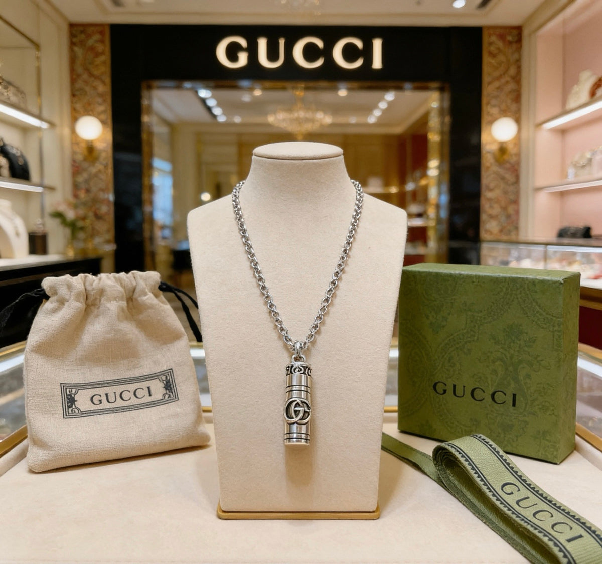 Double-G Emblem Pendant Necklace in Polished Metal-Tone – Design 233 main product view