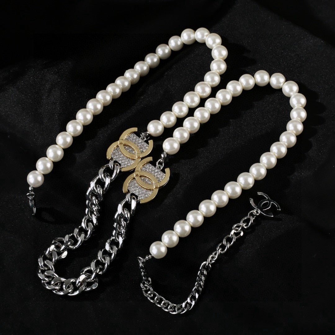 Double-C Emblem Pearl-Detail Pendant Necklace – Pearl Detail – Design 134 styled product view