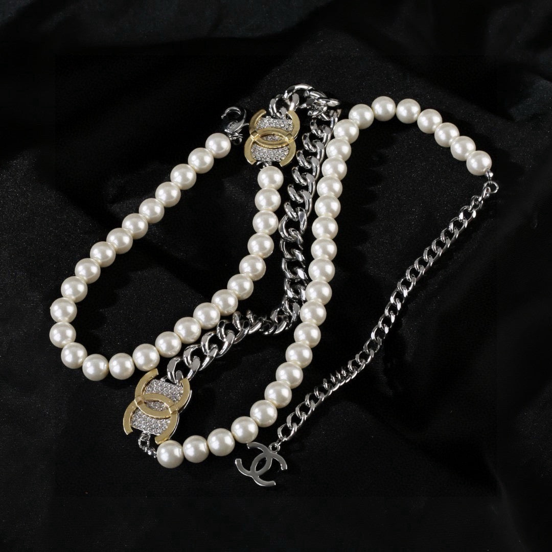 Double-C Emblem Pearl-Detail Pendant Necklace – Pearl Detail – Design 134 close-up detail
