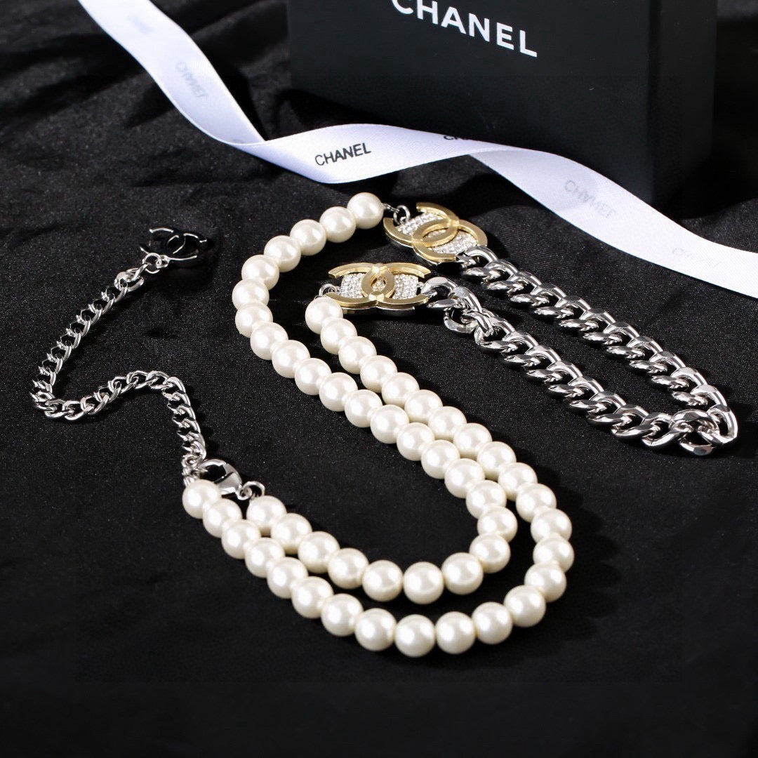 Double-C Emblem Pearl-Detail Pendant Necklace – Pearl Detail – Design 134 front product view