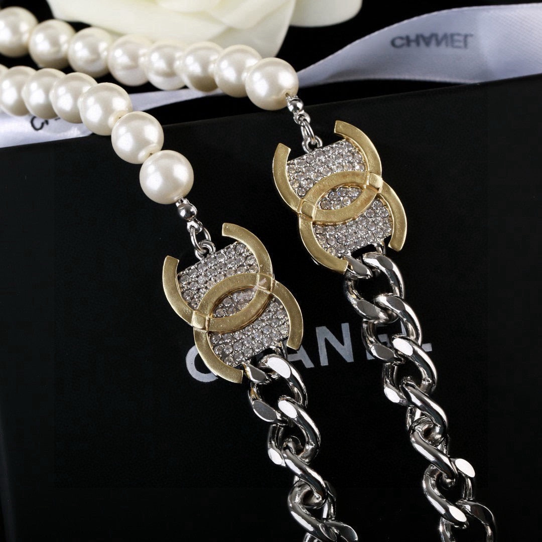 Double-C Emblem Pearl-Detail Pendant Necklace – Pearl Detail – Design 134 detail view
