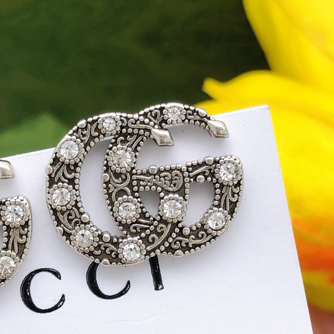 Double-G Emblem Stud Earrings in Silver-Tone – Vintage Detail – Design 002 front product view