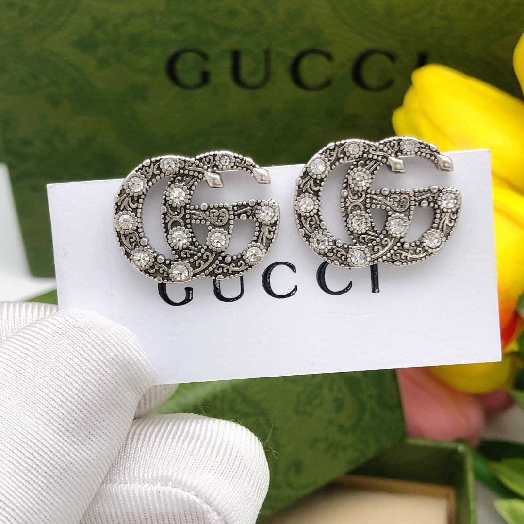 Double-G Emblem Stud Earrings in Silver-Tone – Vintage Detail – Design 002 main product view