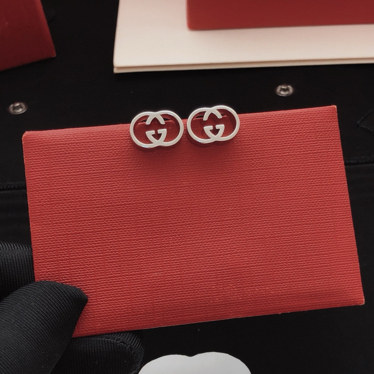 Geometric Emblem Stud Earrings in Silver-Tone – Design 007 front product view