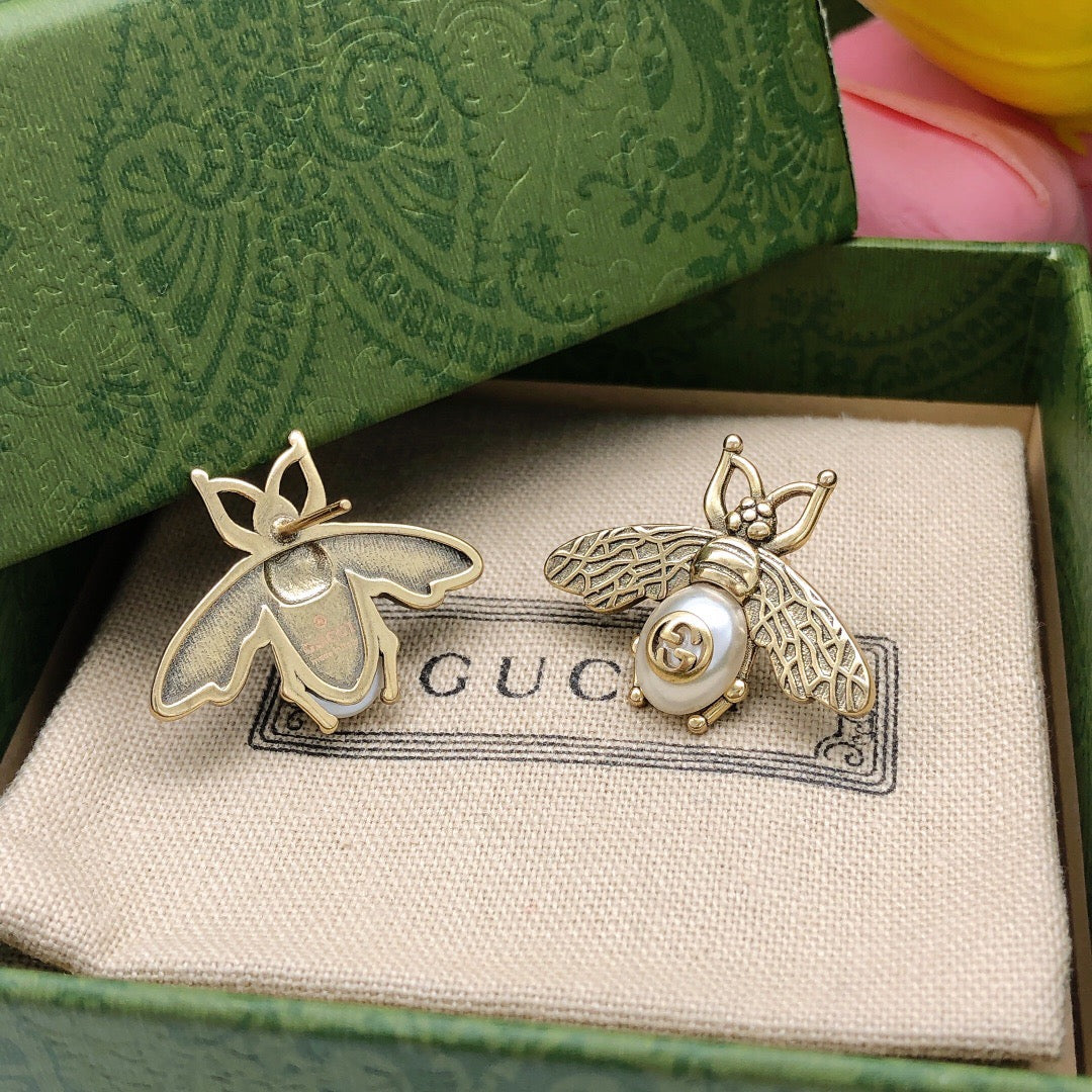 Bee Stud Earrings in Polished Metal-Tone – Crystal Detail close-up detail