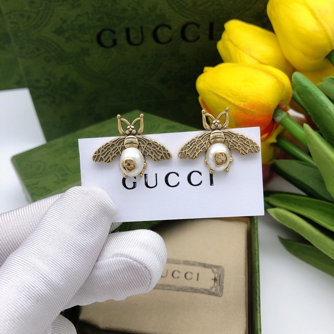 Bee Stud Earrings in Polished Metal-Tone – Crystal Detail front product view