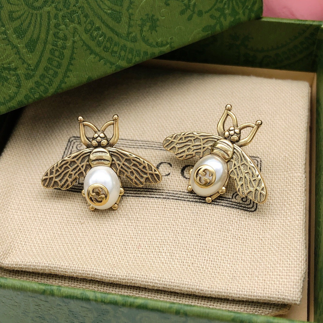 Bee Stud Earrings in Polished Metal-Tone – Crystal Detail side detail