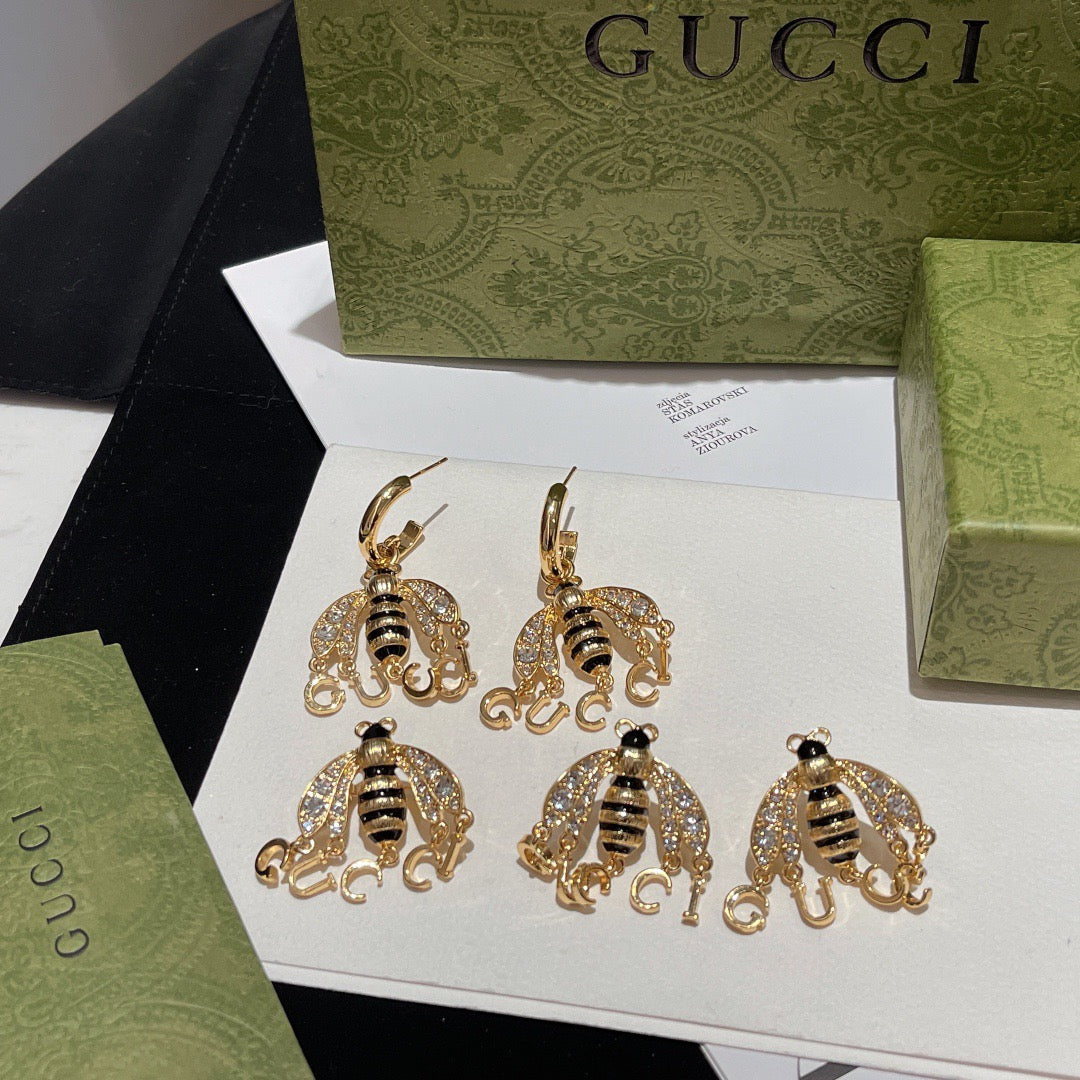 Bee Stud Earrings in Polished Metal-Tone – Bee Detail – Design 006 front product view