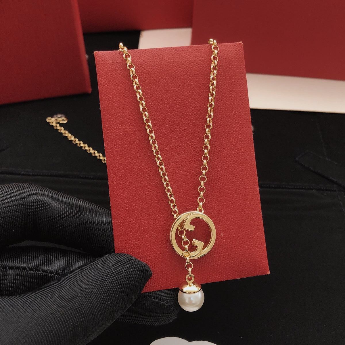 Geometric Emblem Pendant Necklace in Gold-Tone – Design 011 detail view