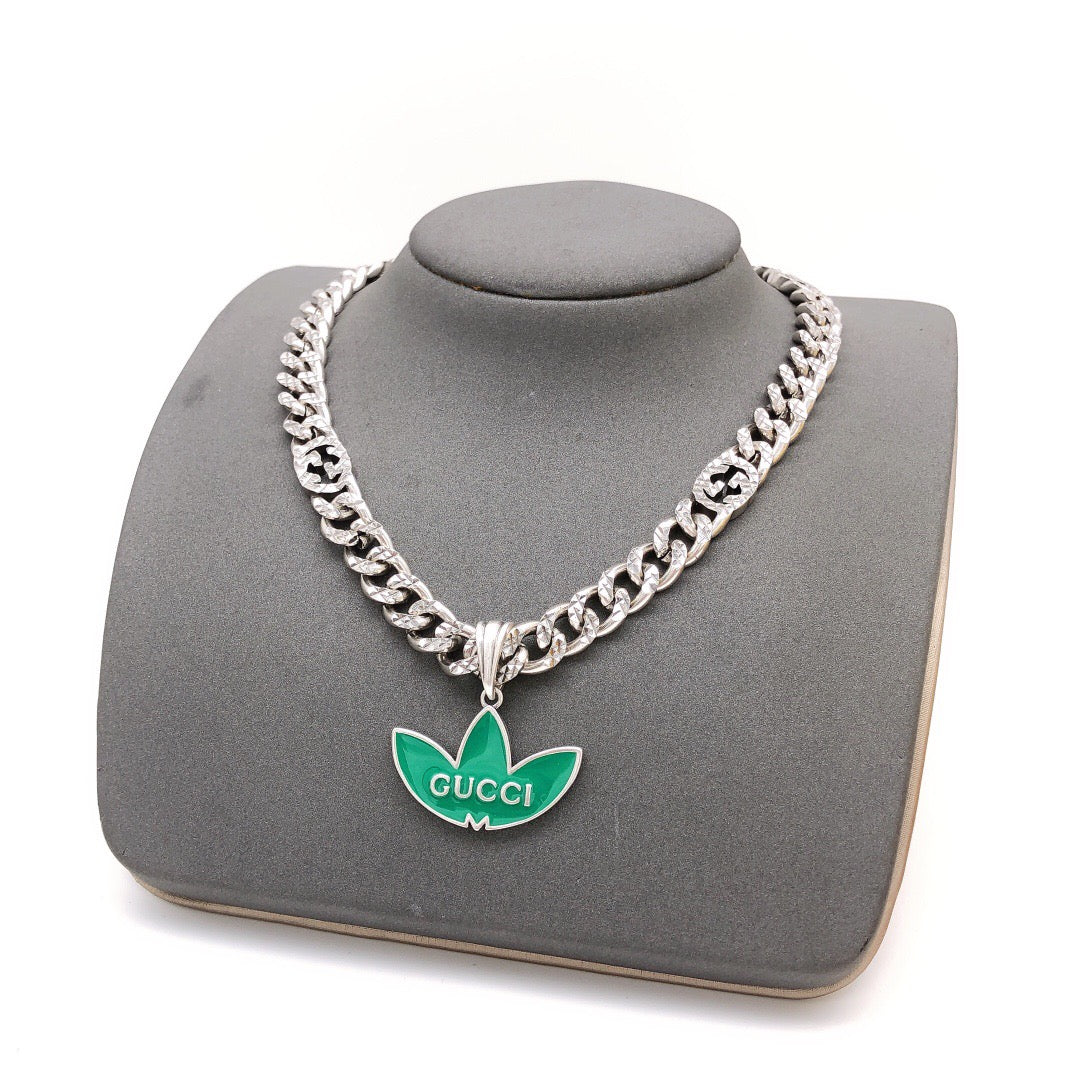 Chain Pendant Necklace in Gold-Tone – Red Detail – Design 003 front product view