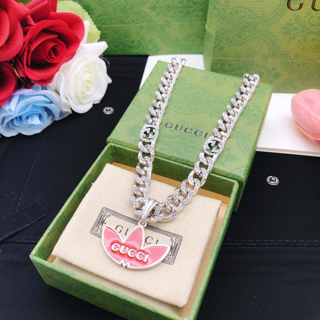 Chain Pendant Necklace in Gold-Tone – Red Detail side detail