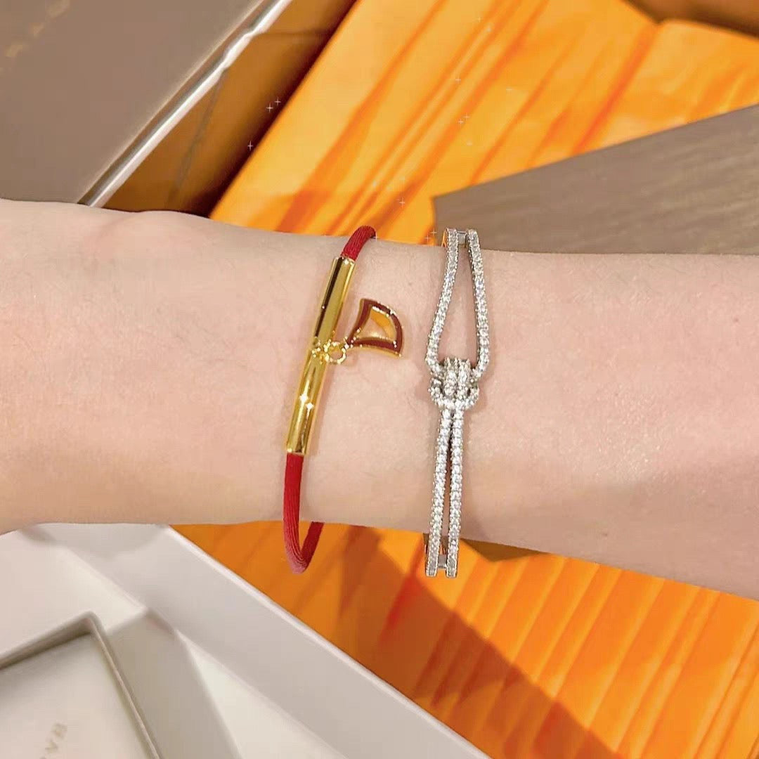 Red Cord Braided Bracelet in Polished Metal-Tone – Red Cord Detail – Design 005 close-up detail