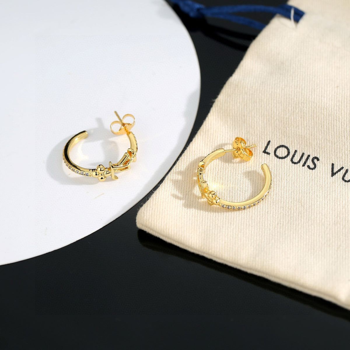 Letter Emblem Stud Earrings in Polished Metal-Tone – Design 044 styled product view