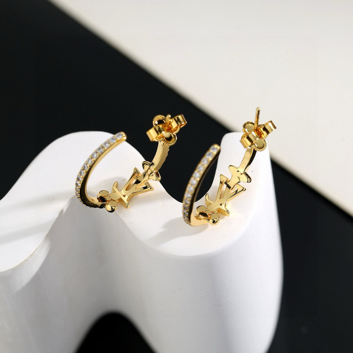 Letter Emblem Stud Earrings in Polished Metal-Tone – Design 047 side detail