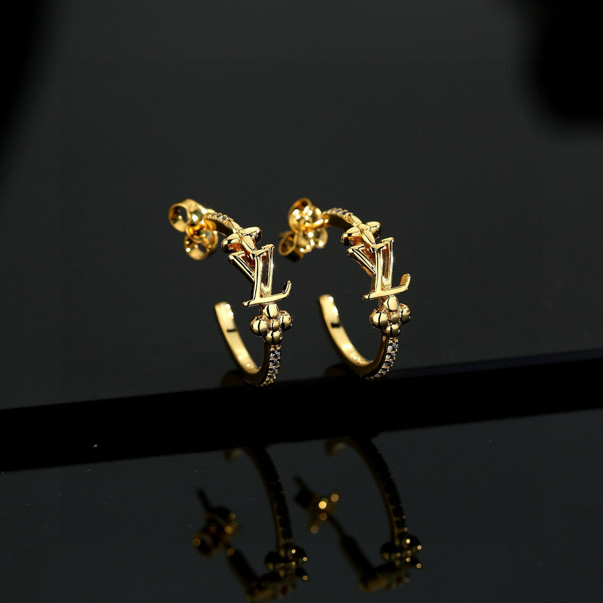 Letter Emblem Stud Earrings in Polished Metal-Tone – Design 044 front product view